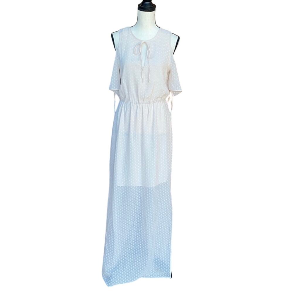 Charles Henry Tie Sleeve Cold Shoulder Gauze Maxi Dress Cream Boho Small Garden